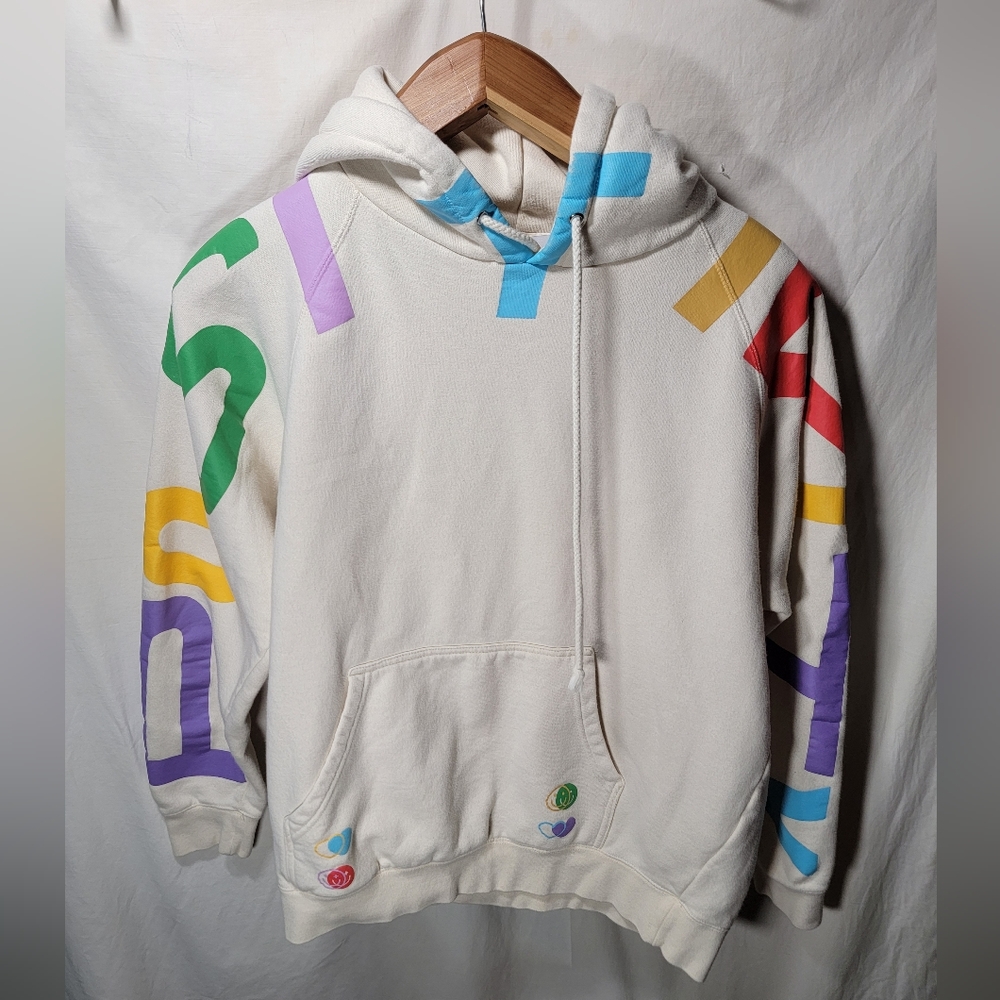 SPREAD POSITIVITY hoodie, saying on sleeves, neck, & hood size large really cute